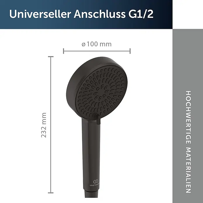 Ideal Standard Duschkopf Alero Schwarz Matt -  - Dunkelgrauer Duschkopf, 232 mm hoch, 100 mm Durchmesser, mit universellem G1/2-Anschluss.