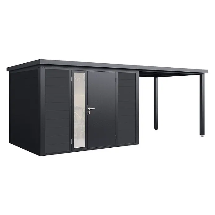 Wolff Finnhaus Gartenhaus Juna Prime Line - Außenmaß inkl. Dachüberstand (B x T): 580 x 247 cm, Verbundwerkstoff, Anthrazit - Anthrazitfarbener Metallschuppen mit transluzenter Türverkleidung und integriertem Carport.