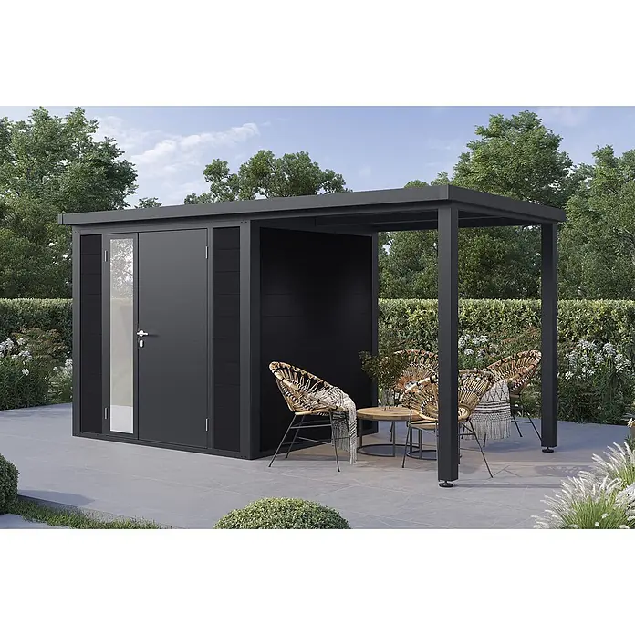 Wolff Finnhaus Gartenhaus Juna Prime Line - Außenmaß inkl. Dachüberstand (B x T): 429 x 220 cm, Verbundwerkstoff, Anthrazit - Dunkelgraues Gartenhaus mit integrierter Pergola, bietet Stauraum und einen schattigen Sitzbereich im Garten.