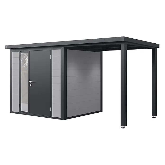 Wolff Finnhaus Gartenhaus Juna Prime Line - Außenmaß inkl. Dachüberstand (B x T): 429 x 220 cm, Verbundwerkstoff, Anthrazit - Moderner dunkelgrauer Geräteschuppen mit hellgrauen Lamellenwänden und integriertem Carport für Stauraum und Unterstand.