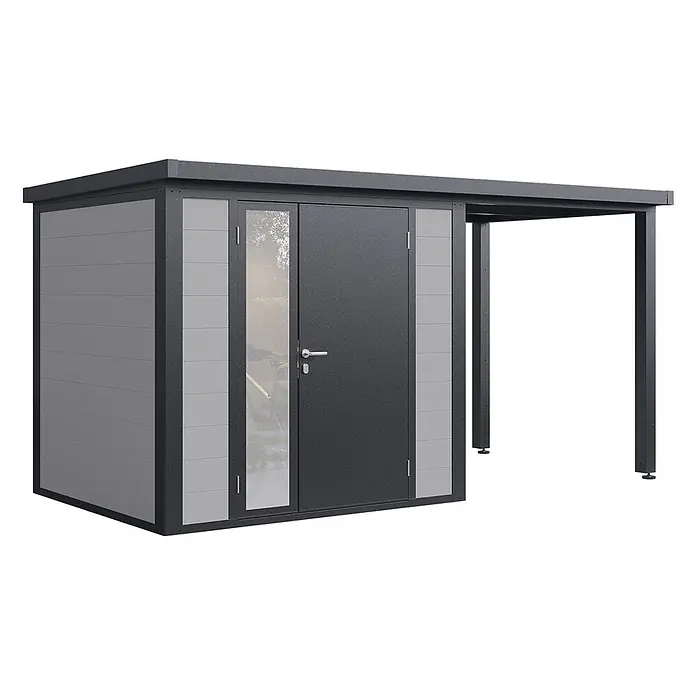 Wolff Finnhaus Gartenhaus Juna Prime Line - Außenmaß inkl. Dachüberstand (B x T): 429 x 220 cm, Verbundwerkstoff, Anthrazit - Moderner grauer Metall-Gartenschuppen mit integriertem Carport. Mit Tür mit Glaspanel und horizontaler Verkleidung.