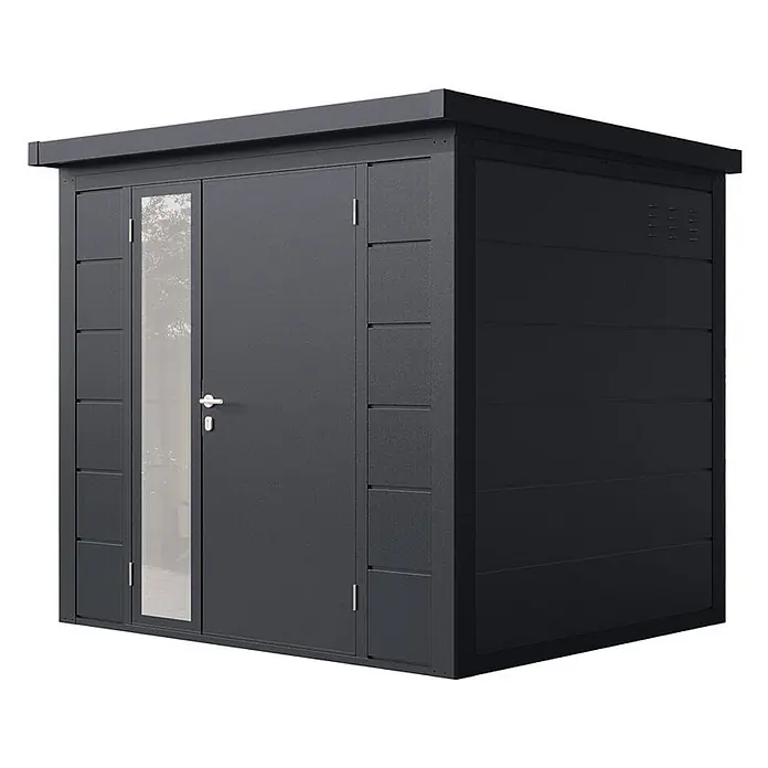 Wolff Finnhaus Gartenhaus Ulrik Prime Line - Außenmaß inkl. Dachüberstand (B x T): 240 x 220 cm, Metall, Anthrazit - Dunkelgraues Metall-Gartenhaus mit Doppeltür, einer langen transparenten Platte und Flachdach zur Lagerung.