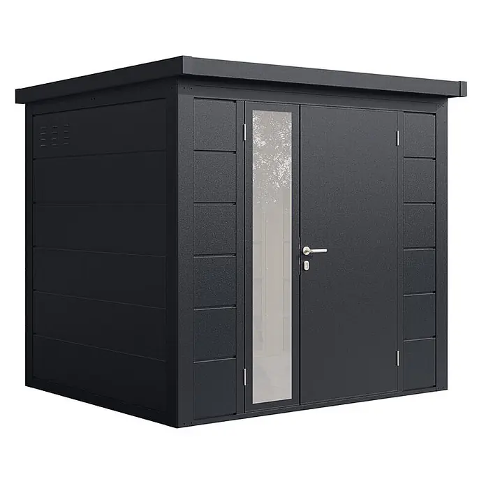 Wolff Finnhaus Gartenhaus Ulrik Prime Line - Außenmaß inkl. Dachüberstand (B x T): 240 x 220 cm, Metall, Anthrazit - Dunkelgrauer Metall-Gartenschuppen mit Flachdach, vertikaler Glasscheibe und Doppeltüren.
