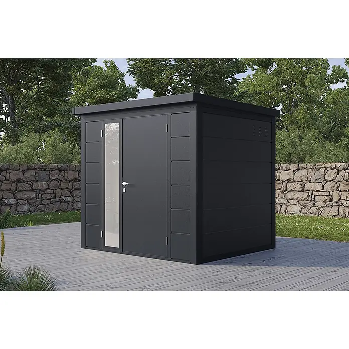 Wolff Finnhaus Gartenhaus Ulrik Prime Line - Außenmaß inkl. Dachüberstand (B x T): 240 x 220 cm, Metall, Anthrazit - Anthrazitfarbener Metall-Gartenschuppen mit Flachdach und teilverglaster Doppeltür, auf einer Holzterrasse im Freien.