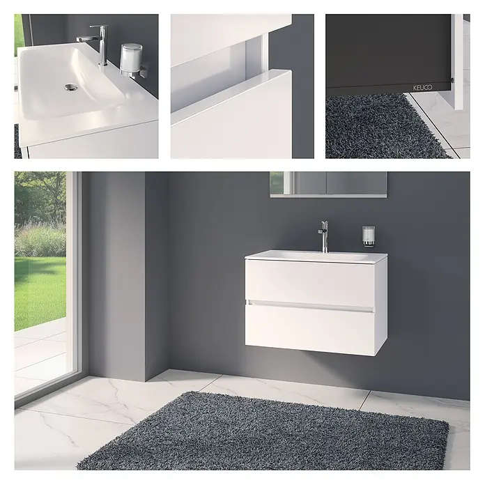 Keuco Badmöbel-Set 80 cm, mit Waschtisch und Unterbau, weiß - Gesamtbreite Badmöbel: 80,5 cm, Weiß, Seidenmatt - Modernes weißes, wandmontiertes Badmöbel mit integriertem Waschbecken, Chromarmatur und Seifenspender.