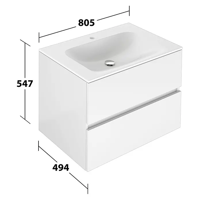 Keuco Badmöbel-Set Dalia 80 cm mit Waschtisch & Unterbau, weiß -  - Weißer Badezimmerschrank mit integriertem Waschbecken, Chromablauf und zwei Schubladen. Maße: B 805mm, H 547mm, T 494mm.