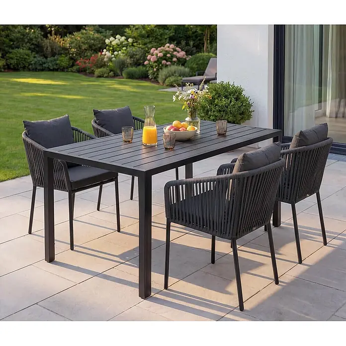 Mendler Gartenmöbel-Set HWC-N41 - 5 -tlg., Metall, Anthrazit, dunkelgrau, Anthrazit, Kissen dunkelgrau - Graues Outdoor-Essset mit Lattenrosttisch und seilgeflochtenen Stühlen mit Kissen.