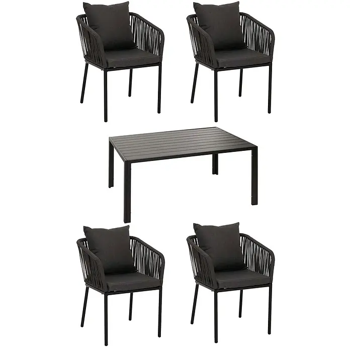 Mendler Gartenmöbel-Set HWC-N41 - 5 -tlg., Metall, Anthrazit, dunkelgrau, Anthrazit, Kissen dunkelgrau - Dunkelgraues Outdoor-Essgruppe mit rechteckigem Lamellentisch und vier Stühlen mit geflochtenen Rückenlehnen und Kissen.