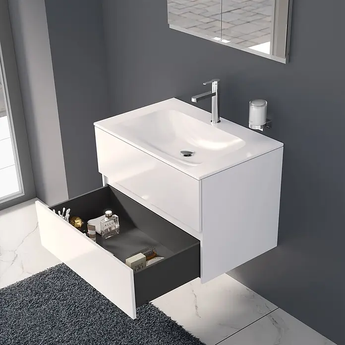 Keuco Badmöbel-Set Dalia 80 cm mit Waschtisch & Unterbau, weiß -  - Weißer wandmontierter Badezimmerwaschtisch mit integriertem Waschbecken und offener Schublade mit Pflegeprodukten.