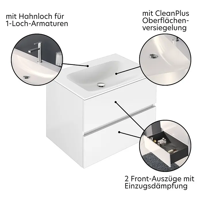 Keuco Badmöbel-Set 80 cm, mit Waschtisch und Unterbau, weiß - Gesamtbreite Badmöbel: 80,5 cm, Weiß, Seidenmatt - Weißer wandhängender Badunterschrank mit integriertem Waschbecken, Hahnloch, CleanPlus-Oberfläche und zwei gedämpften Auszügen.
