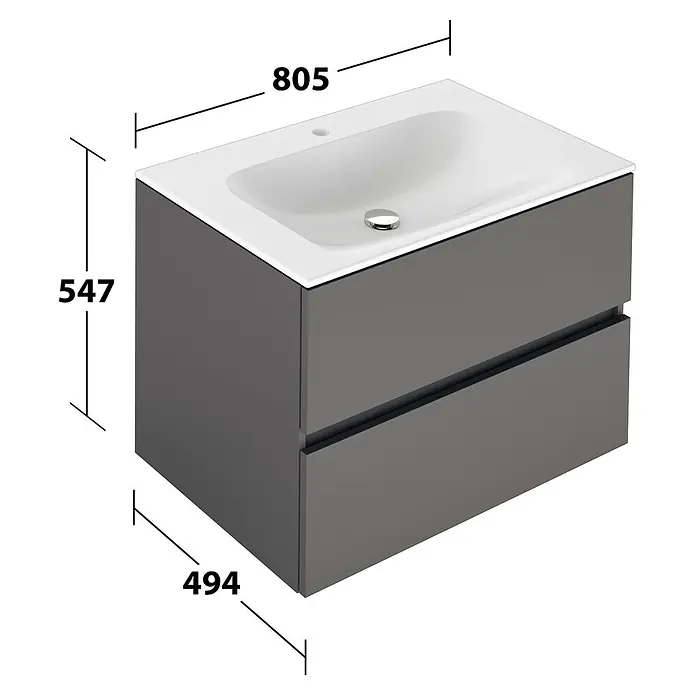 Keuco Badmöbel-Set 80 cm, mit Waschtisch und Unterbau, anthrazit/weiß - Gesamtbreite Badmöbel: 80,5 cm, Anthrazit/Weiß, Seidenmatt - Dunkelgrauer wandhängender Badunterschrank mit zwei Schubladen und weißem integrierten Waschbecken. Maße: 805x547x494mm.