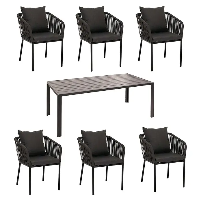 Mendler Gartenmöbel-Set HWC-N41 - 7 -tlg., Metall, Anthrazit, dunkelgrau, Anthrazit, Kissen dunkelgrau - Dunkelgraue Outdoor-Essgruppe mit 6 geflochtenen Stühlen und rechteckigem Lattenrosttisch.