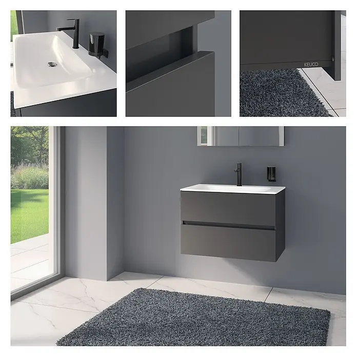 Keuco Badmöbel-Set 80 cm, mit Waschtisch und Unterbau, anthrazit/weiß - Gesamtbreite Badmöbel: 80,5 cm, Anthrazit/Weiß, Seidenmatt - Dunkelgrauer Wandwaschtisch mit weißem Becken und schwarzem Wasserhahn in modernem Bad.