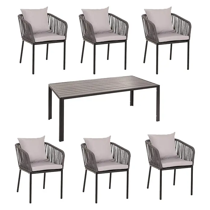 Mendler Gartenmöbel-Set HWC-N41 - 7 -tlg., Metall, Anthrazit, grau, Anthrazit Kissen grau - 6-teiliges Essgruppe für draußen: rechteckiger Tisch und sechs Stühle mit grauen Kissen.