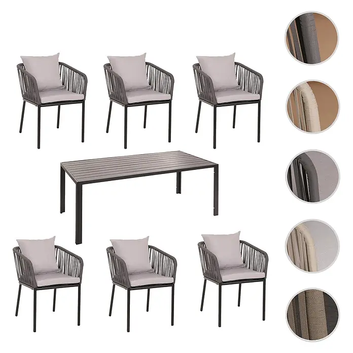 Mendler Gartenmöbel-Set HWC-N41 - 7 -tlg., Metall, Anthrazit, grau, Anthrazit Kissen grau - Dunkelgraues Outdoor-Essset mit rechteckigem Lamellentisch und sechs Stühlen mit geflochtenen Seillehnen und hellen Kissen.
