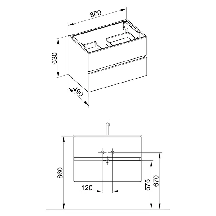 Keuco Badmöbel-Set 80 cm, mit Waschtisch und Unterbau, anthrazit/weiß - Gesamtbreite Badmöbel: 80,5 cm, Anthrazit/Weiß, Seidenmatt - Technische Zeichnung eines wandhängenden Badunterschranks mit zwei Schubladen und Maßen.