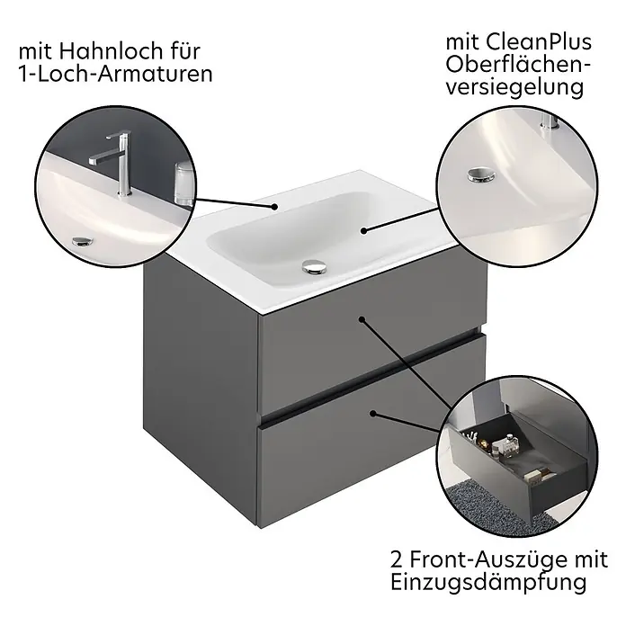 Keuco Badmöbel-Set 80 cm, mit Waschtisch und Unterbau, anthrazit/weiß - Gesamtbreite Badmöbel: 80,5 cm, Anthrazit/Weiß, Seidenmatt - Dunkelgrauer Badunterschrank mit weißem Waschbecken, Einloch-Armatur, CleanPlus-Versiegelung und zwei gedämpften Auszügen.