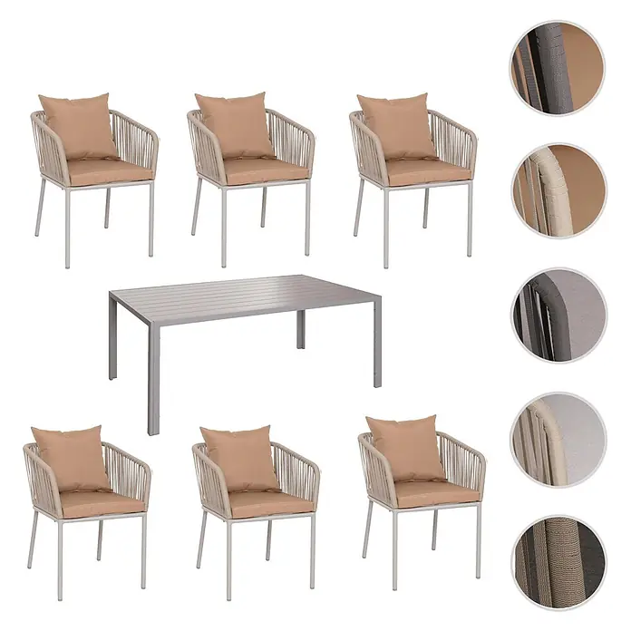 Mendler Gartenmöbel-Set HWC-N41 - 7 -tlg., Metall, Grau, taupe, Grau Kissen taupe - Hellgraues Outdoor-Essgruppe mit rechteckigem Tisch und sechs Stühlen mit beigen Kissen und geflochtenen Rückenlehnen.