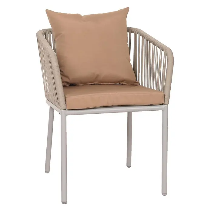 Mendler Gartenmöbel-Set HWC-N41 - 7 -tlg., Metall, Grau, taupe, Grau Kissen taupe - Beiger Polstersessel mit hellgrauem Metallrahmen und geflochtener Seilrückenlehne und Armlehnen.