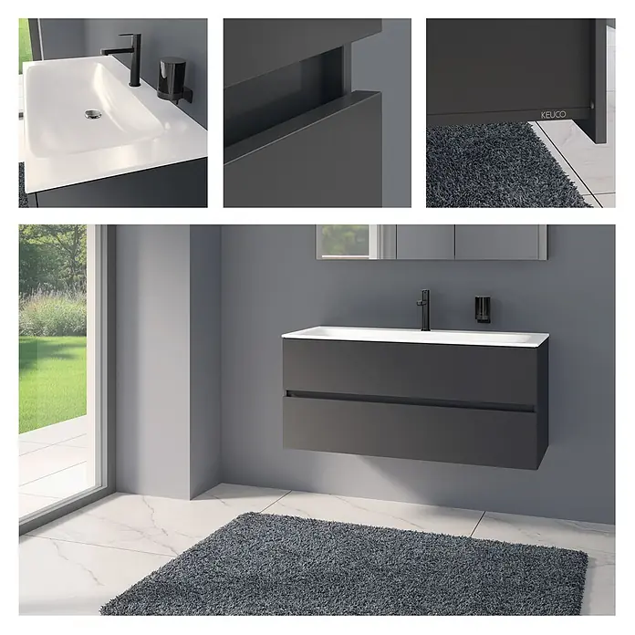 Keuco Badmöbel-Set 120 cm, mit Waschtisch und Unterbau, anthrazit/weiß - Gesamtbreite Badmöbel: 120,8 cm, Anthrazit/Weiß, Seidenmatt - Dunkelgrauer wandmontierter Badunterschrank mit weißem Waschbecken, schwarzem Wasserhahn und Seifenspender in einem modernen Badezimmer.