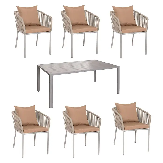 Mendler Gartenmöbel-Set HWC-N41 - 7 -tlg., Metall, Grau, taupe, Grau Kissen taupe - Outdoor-Essgruppe mit grauem Lattenrosttisch und sechs Stühlen mit beigefarbenen Seillehnen und hellbraunen Kissen.