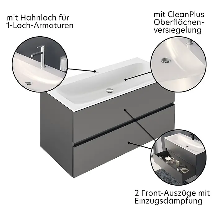 Keuco Badmöbel-Set 120 cm, mit Waschtisch und Unterbau, anthrazit/weiß - Gesamtbreite Badmöbel: 120,8 cm, Anthrazit/Weiß, Seidenmatt - Grauer Waschtischunterschrank mit weißem Keramikwaschbecken, Einlocharmatur und zwei gedämpften Schubladen mit CleanPlus-Versiegelung.