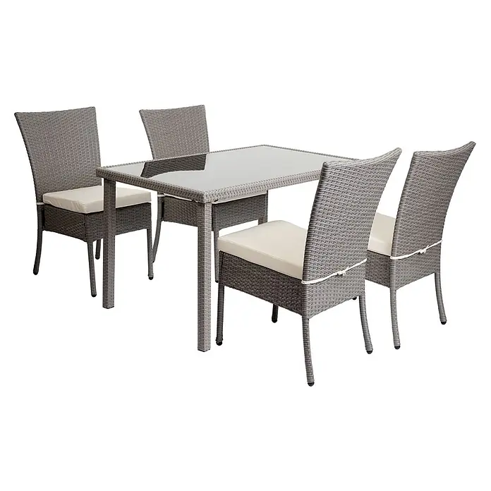 Mendler Poly-Rattan Garnitur HWC-G19 120x75cm - grau, Kissen Creme -  - Graues Rattan-Gartenset mit Glastisch und vier Stühlen mit weißen Kissen.