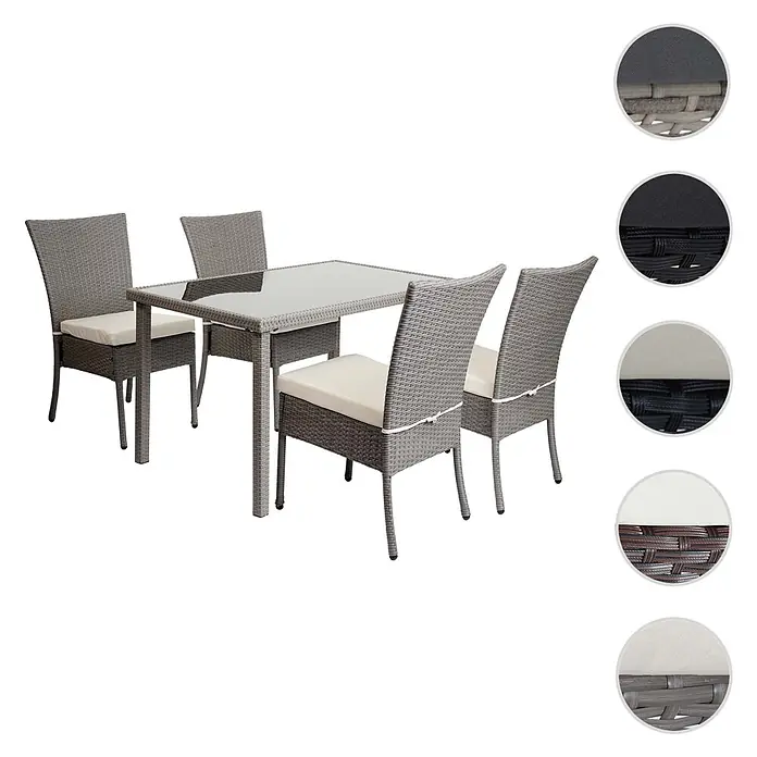 Mendler Poly-Rattan Garnitur HWC-G19 120x75cm - grau, Kissen Creme -  - Graues Polyrattan-Gartenset mit Glastisch und vier Stühlen mit cremefarbenen Kissen.