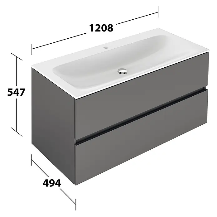 Keuco Badmöbel-Set 120 cm, mit Waschtisch und Unterbau, anthrazit/weiß - Gesamtbreite Badmöbel: 120,8 cm, Anthrazit/Weiß, Seidenmatt - Grauer Wandwaschtischunterschrank mit weißem integrierten Waschbecken und zwei Schubladen.