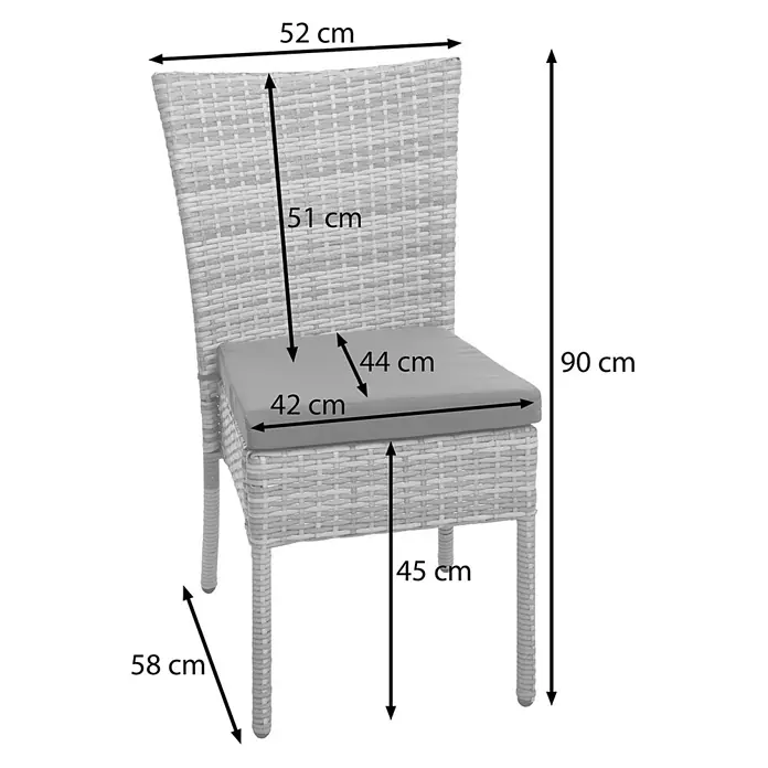Mendler 2er-Set Poly-Rattan Stuhl HWC-G19 - grau, Kissen dunkelgrau -  - Hellgrauer Korbstuhl mit Kissen, mit detaillierten Maßen.
