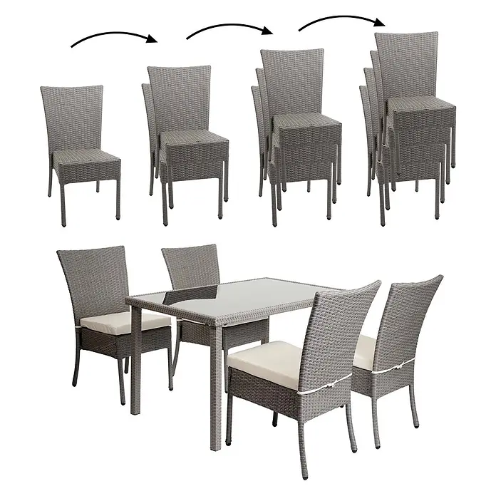 Mendler Poly-Rattan Garnitur HWC-G19 120x75cm - grau, Kissen Creme -  - Stapelbare graue Rattan-Stühle mit cremefarbenen Kissen, einzeln und als Teil eines Esssets mit Glastisch.
