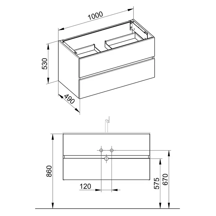 Keuco Badmöbel-Set 100 cm, mit Waschtisch und Unterbau, anthrazit/weiß - Gesamtbreite Badmöbel: 100,7 cm, Anthrazit/Weiß, Seidenmatt - Wandhängender Waschtischunterschrank mit zwei Schubladen, 1000x530x490mm, Einbauhöhe 860mm.
