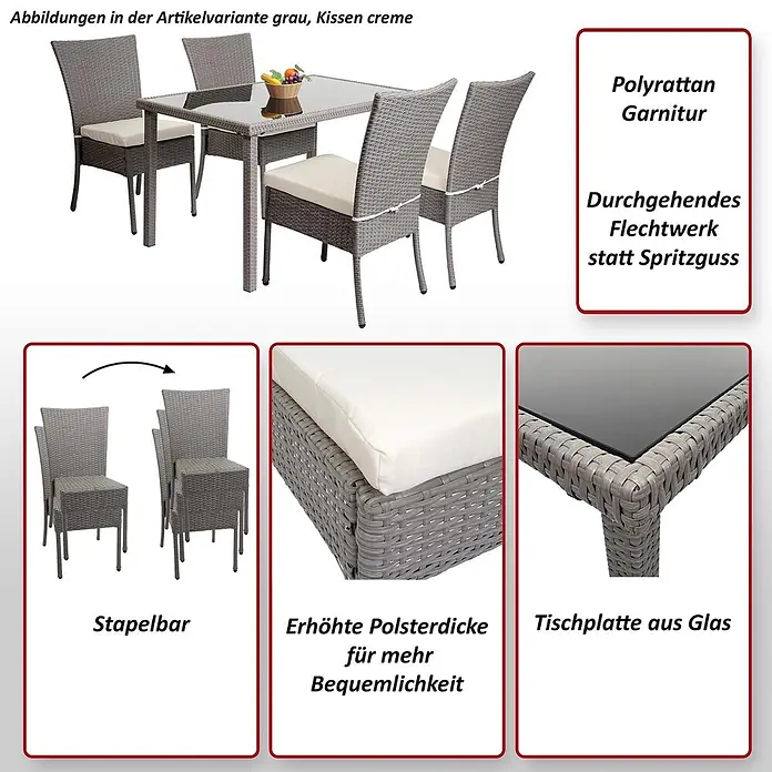 Mendler Poly-Rattan Garnitur HWC-G19 120x75cm - grau, Kissen Creme -  - Graues Polyrattan-Essgruppe mit cremefarbenen Kissen, Glastischplatte und stapelbaren Stühlen.