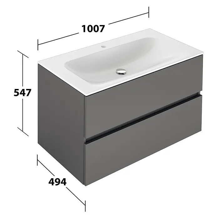 Keuco Badmöbel-Set 100 cm, mit Waschtisch und Unterbau, anthrazit/weiß - Gesamtbreite Badmöbel: 100,7 cm, Anthrazit/Weiß, Seidenmatt - Grauer Badschrank mit weißem Keramikwaschbecken und zwei Schubladen. Maße: 1007x547x494 mm.