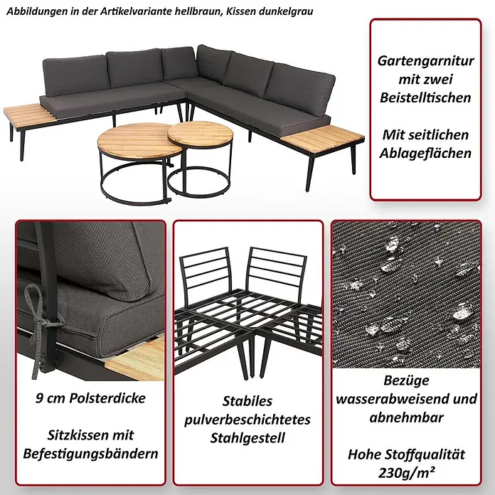 Mendler Loungemöbel-Set HWC-H54 - 3 -tlg., Holz, Hellbraun, Kissen hellgrau, Hellbraun, hellgrau - Eck-Gartensitzgruppe mit dunklem Gestell, hellbraunen Holz-Beistelltischen und dunkelgrauen Polstern. Inklusive zwei passender Couchtische.
