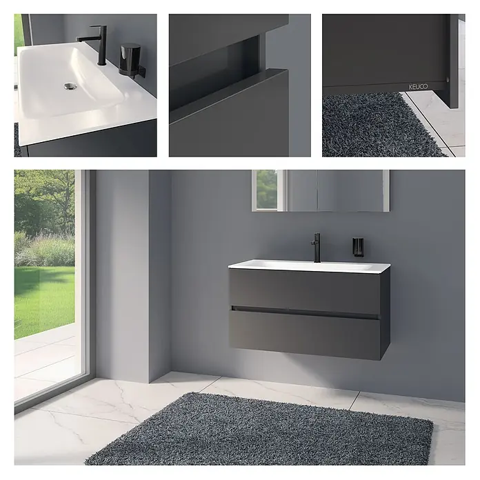 Keuco Badmöbel-Set 100 cm, mit Waschtisch und Unterbau, anthrazit/weiß - Gesamtbreite Badmöbel: 100,7 cm, Anthrazit/Weiß, Seidenmatt - Dunkelgrauer wandmontierter Badwaschtisch mit zwei Schubladen, integriertem weißem Waschbecken und schwarzer Armatur. Modernes, elegantes Design.