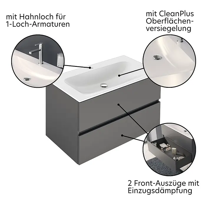 Keuco Badmöbel-Set 100 cm, mit Waschtisch und Unterbau, anthrazit/weiß - Gesamtbreite Badmöbel: 100,7 cm, Anthrazit/Weiß, Seidenmatt - Dunkelgrauer Waschtischunterschrank mit weißem Waschbecken, Einzellocharmatur, CleanPlus-Oberfläche und zwei Soft-Close-Schubladen.