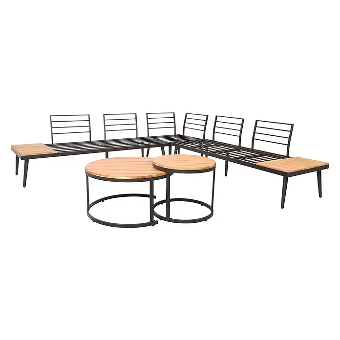 Mendler Loungemöbel-Set HWC-H54 - 3 -tlg., Holz, Hellbraun, Kissen dunkelgrau, Hellbraun, dunkelgrau - L-förmige Outdoor-Lounge-Sitzgruppe mit schwarzen Metallrahmen, Holzlattenflächen und zwei runden, ineinanderstellbaren Beistelltischen.