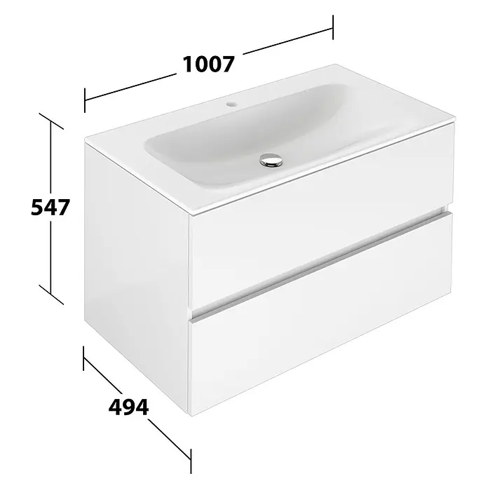 Keuco Badmöbel-Set 100 cm, mit Waschtisch und Unterbau, weiß - Gesamtbreite Badmöbel: 100,7 cm, Weiß, Seidenmatt - Weißer wandmontierter Waschtischunterschrank mit integriertem Waschbecken und zwei Schubladen, 1007x547x494mm.