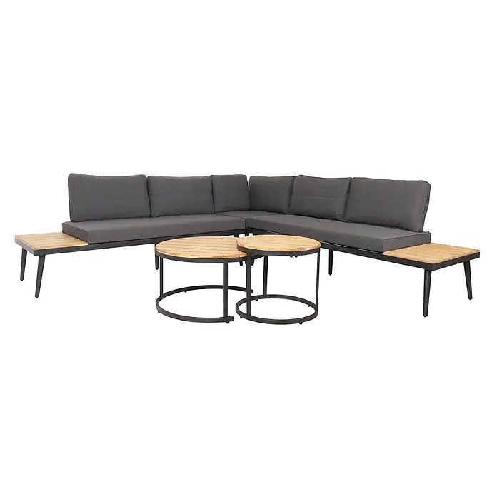 Mendler Loungemöbel-Set HWC-H54 - 3 -tlg., Holz, Hellbraun, Kissen dunkelgrau, Hellbraun, dunkelgrau - Outdoor-Ecksofa-Set mit dunkelgrauen Kissen und integrierten Holztischen. Inklusive zwei Couchtischen mit Holzplatten.