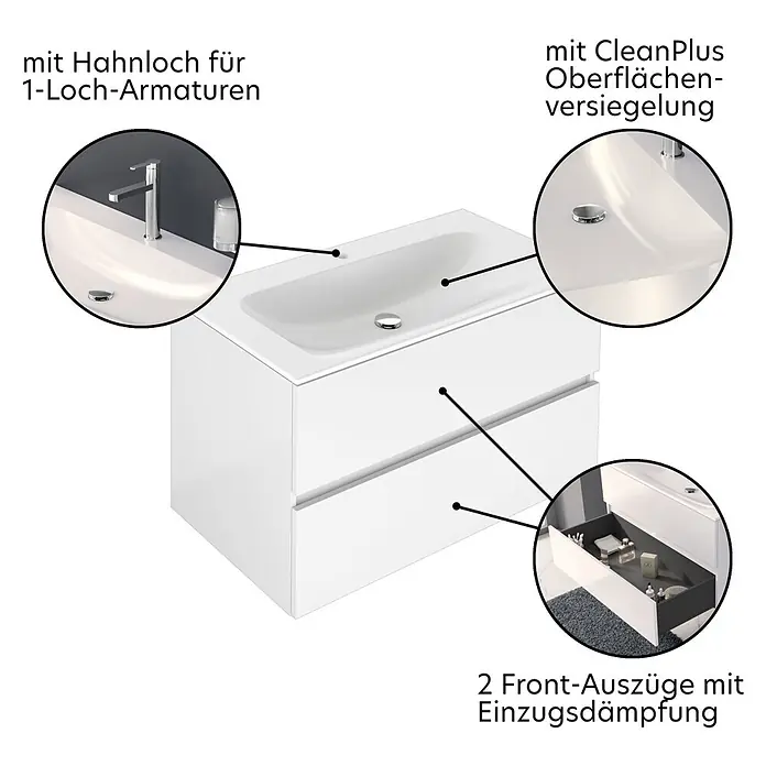 Keuco Badmöbel-Set 100 cm, mit Waschtisch und Unterbau, weiß - Gesamtbreite Badmöbel: 100,7 cm, Weiß, Seidenmatt - Weißer Badunterschrank mit integriertem Waschbecken, Hahnloch, CleanPlus-Oberfläche und zwei Schubladen mit Soft-Close-Funktion.