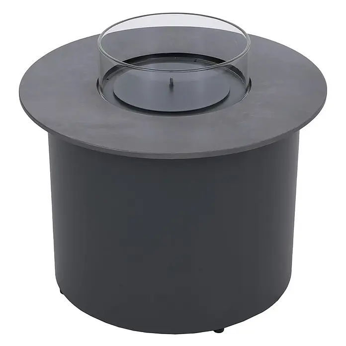 Mendler Loungemöbel-Set HWC-P80 - 3 -tlg., Rattan, Dunkelgrau, Dunkelgrau - Dunkelgraue Bioethanol-Tischfeuerstelle aus Metall mit Glaswindschutz.