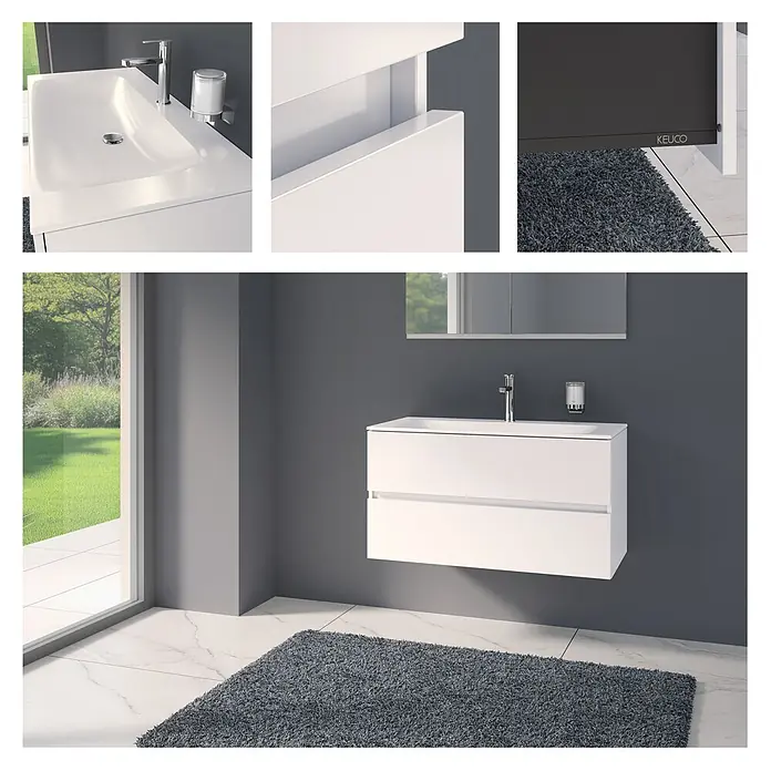 Keuco Badmöbel-Set 100 cm, mit Waschtisch und Unterbau, weiß - Gesamtbreite Badmöbel: 100,7 cm, Weiß, Seidenmatt - Weißer wandmontierter Badezimmerwaschtisch mit integriertem Waschbecken, Chromarmatur und Seifenspender in modernem Bad mit Naturblick.