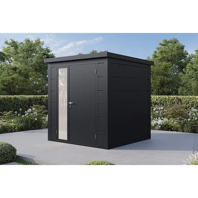 Wolff Finnhaus Gartenhaus Ulrik - Außenmaß inkl. Dachüberstand (B x T): 210 x 220 cm, Metall, Anthrazit - Moderner dunkelgrauer Metall-Gartenschuppen mit Flachdach und zweiflügeliger Tür mit Glaspaneel auf einer Terrasse.
