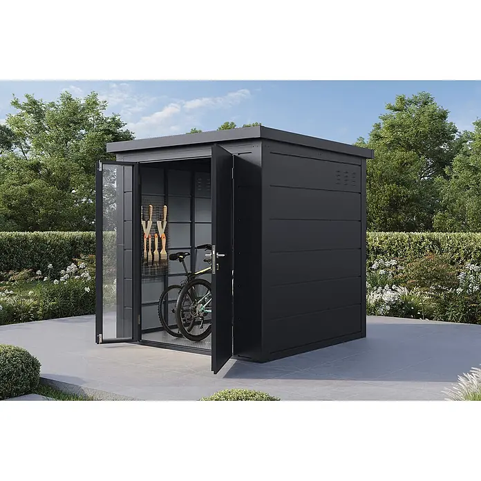 Wolff Finnhaus Gartenhaus Ulrik - Außenmaß inkl. Dachüberstand (B x T): 210 x 220 cm, Metall, Anthrazit - Dunkelgrauer Gartenhaus mit geöffneten Türen, in dem ein Fahrrad und Gartengeräte auf einer Terrasse stehen.