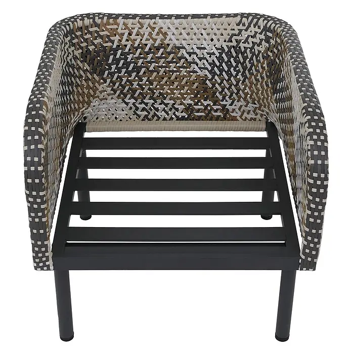 Mendler Loungemöbel-Set HWC-P80 - 3 -tlg., Rattan, Dunkelgrau, Dunkelgrau - Stuhlgestell mit mehrfarbig geflochtener Rückenlehne und Armlehnen sowie schwarzem Metallgestell.