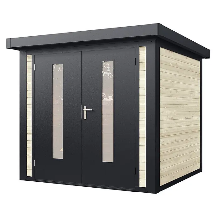 Wolff Finnhaus Gartenhaus Henrik Master Line - Außenmaß inkl. Dachüberstand (B x T): 264 x 272 cm, Holz, Naturhell - Moderner anthrazitfarbener Geräteschuppen mit Doppeltüren aus Glas und hellen Holzwänden.