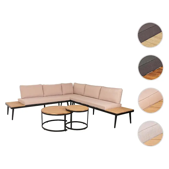 Mendler Loungemöbel-Set HWC-H54 - 3 -tlg., Holz, Hellbraun, Kissen beige, Hellbraun, beige - L-förmiges Outdoor-Sofa-Set mit hellbeigen Kissen, schwarzem Metallrahmen, Holzlamellen-Beistelltischen und zwei ineinandersteckbaren Couchtischen.