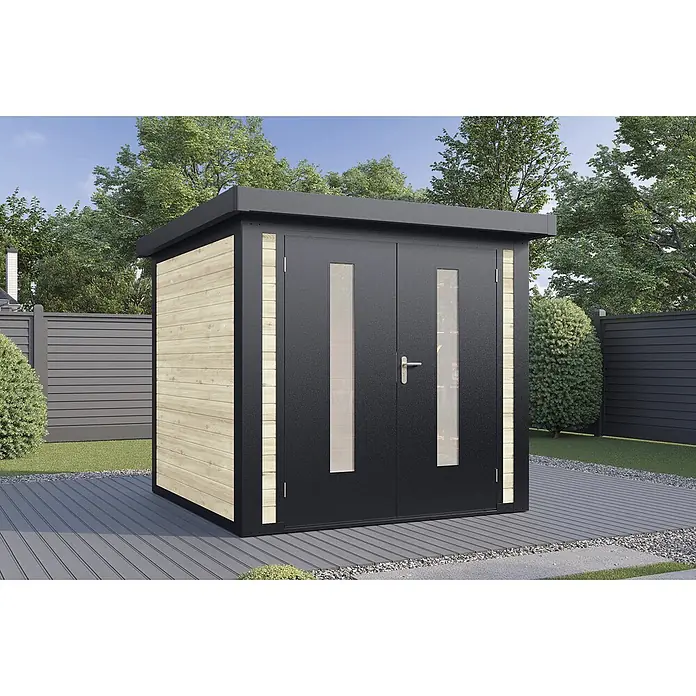 Wolff Finnhaus Gartenhaus Henrik Master Line - Außenmaß inkl. Dachüberstand (B x T): 264 x 272 cm, Holz, Naturhell - Moderner Gartenschuppen mit schwarzen Doppeltüren, vertikalen Fenstern und hellen Holzseiten.
