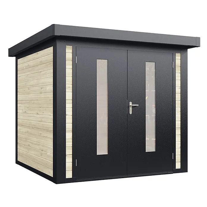 Wolff Finnhaus Gartenhaus Henrik Master Line - Außenmaß inkl. Dachüberstand (B x T): 264 x 272 cm, Holz, Naturhell - Moderner dunkelgrauer Geräteschuppen mit heller Holzverkleidung, Flachdach und Doppeltüren mit vertikalen Glaspaneelen.